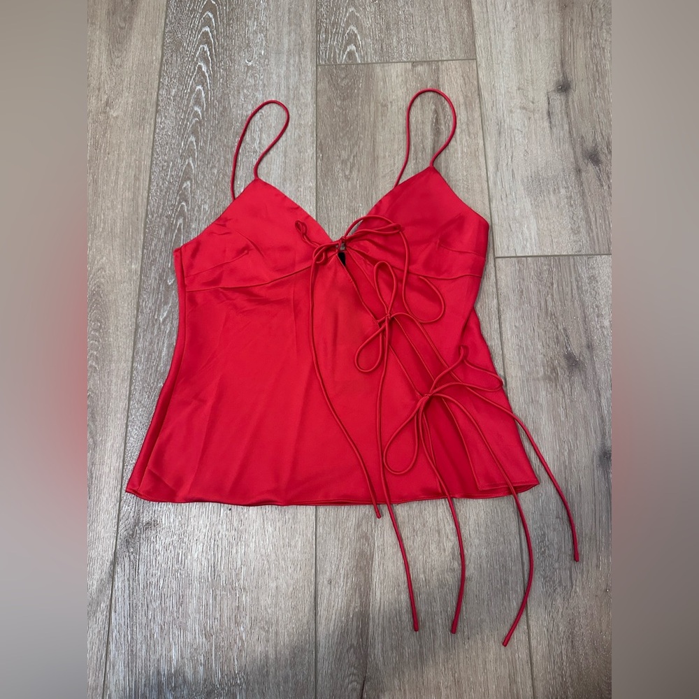 LIONESS red satin tie front tank top